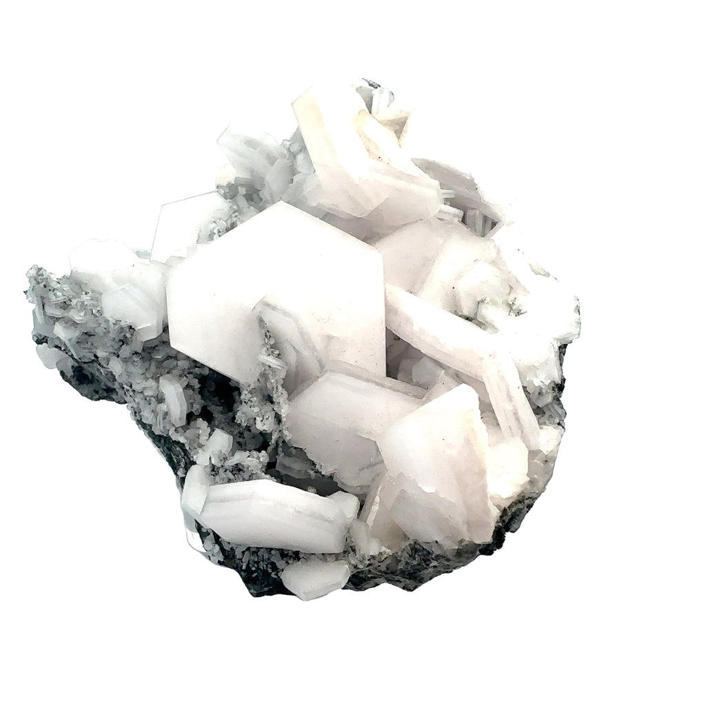 Calcite “Sandwich” Raw Gemstone on white front and center view