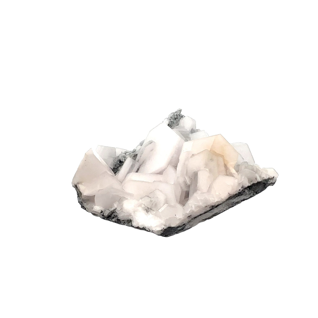 Calcite “Sandwich” Raw Gemstone on white front view 