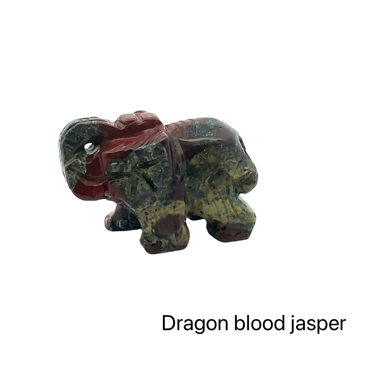 Carved Crystal Elephant Figurine Dragon Bloodstone on white front angle 