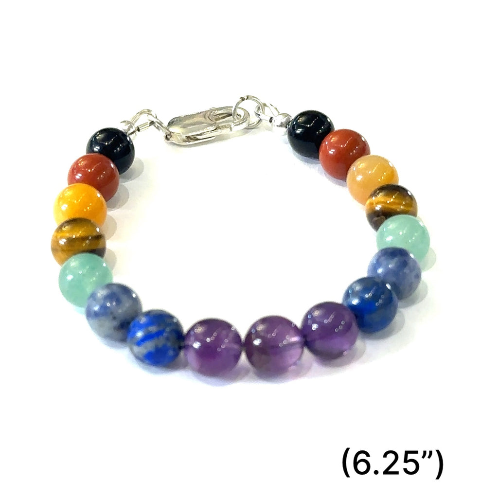 Chakra bracelet designed for energy balance and meditation size (6.25'' 8mm) front overview.