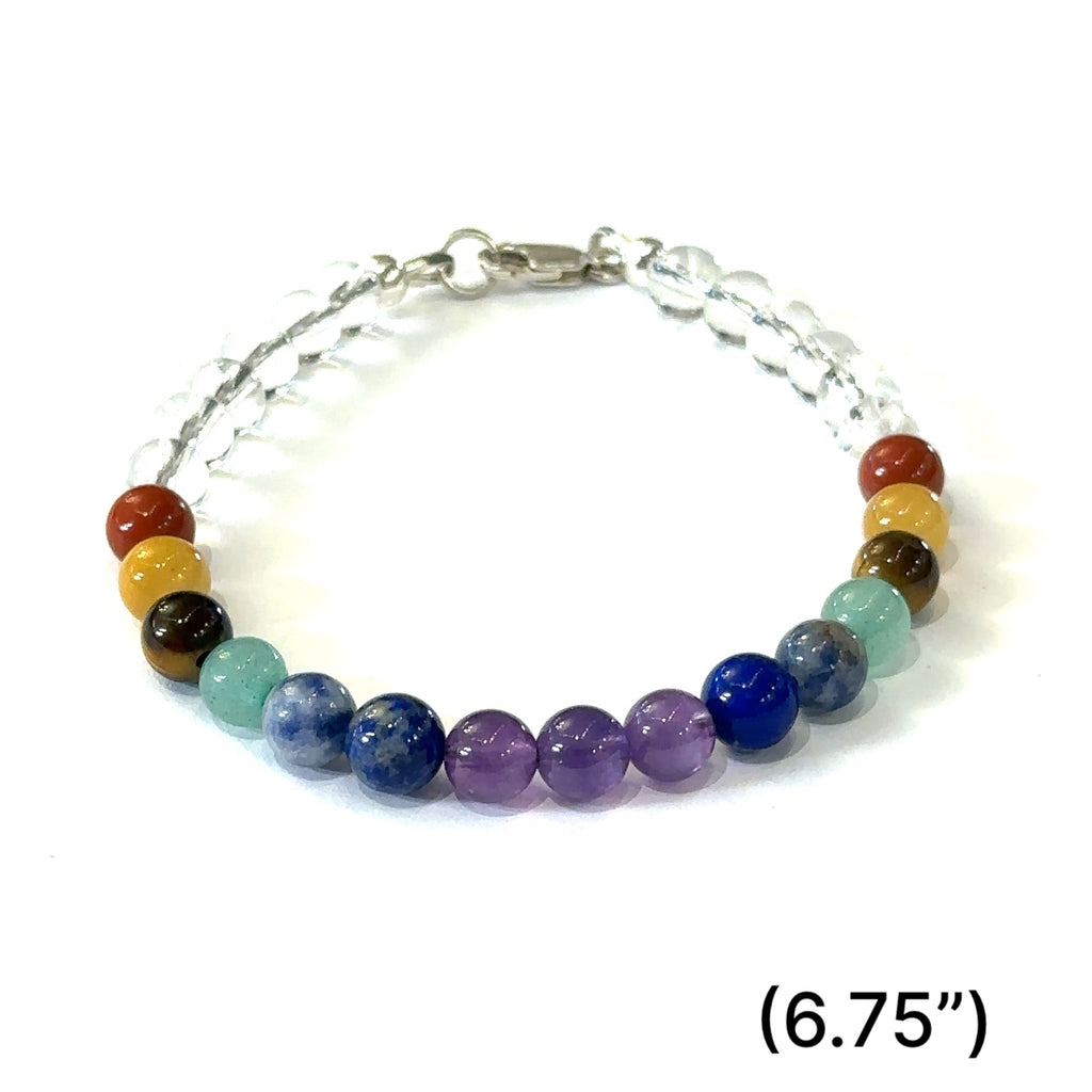 Chakra bracelet designed for energy balance and meditation size (6.75'' 6mm with clear quartz gemstones) front overview.