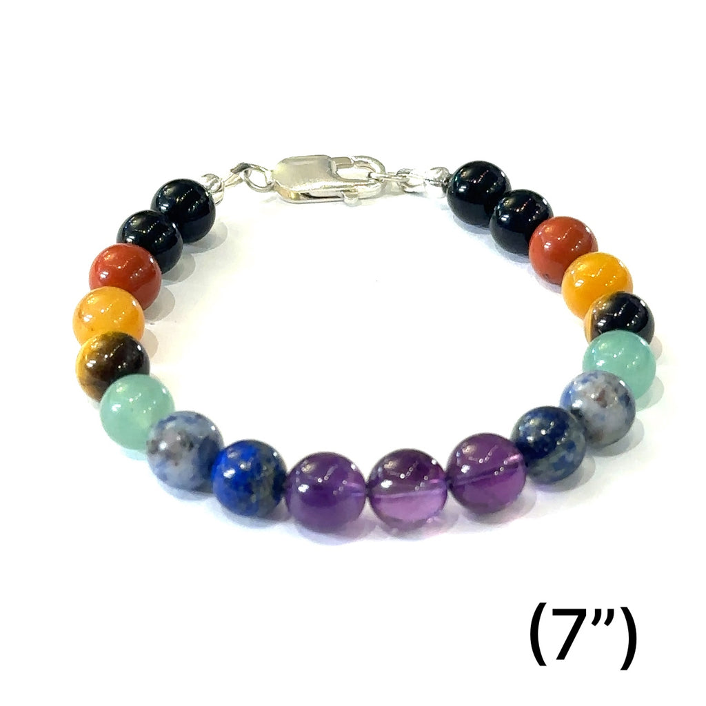 Chakra bracelet designed for energy balance and meditation size (7'' 8mm) front overview.