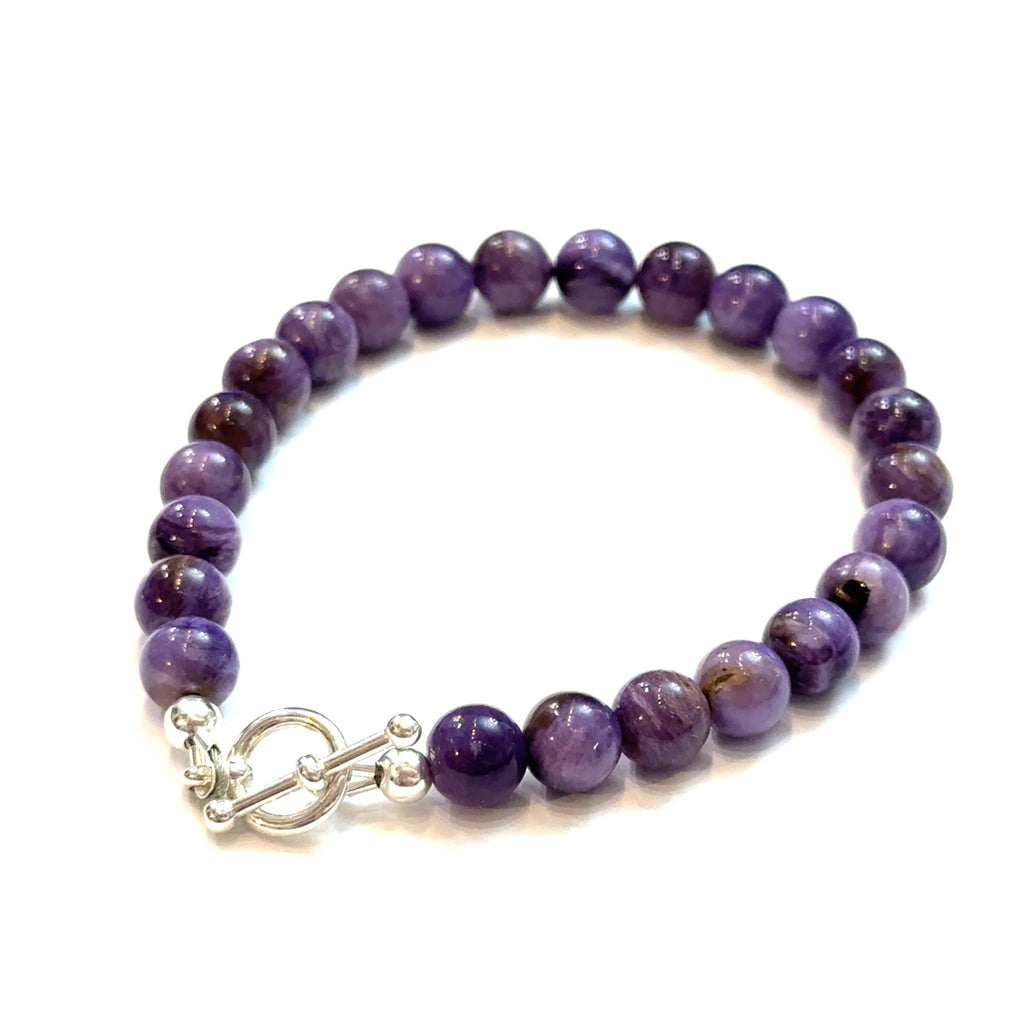 Charoite Gemstone bracelet – 6.5'' on white, close-up, bottom diagonal view 