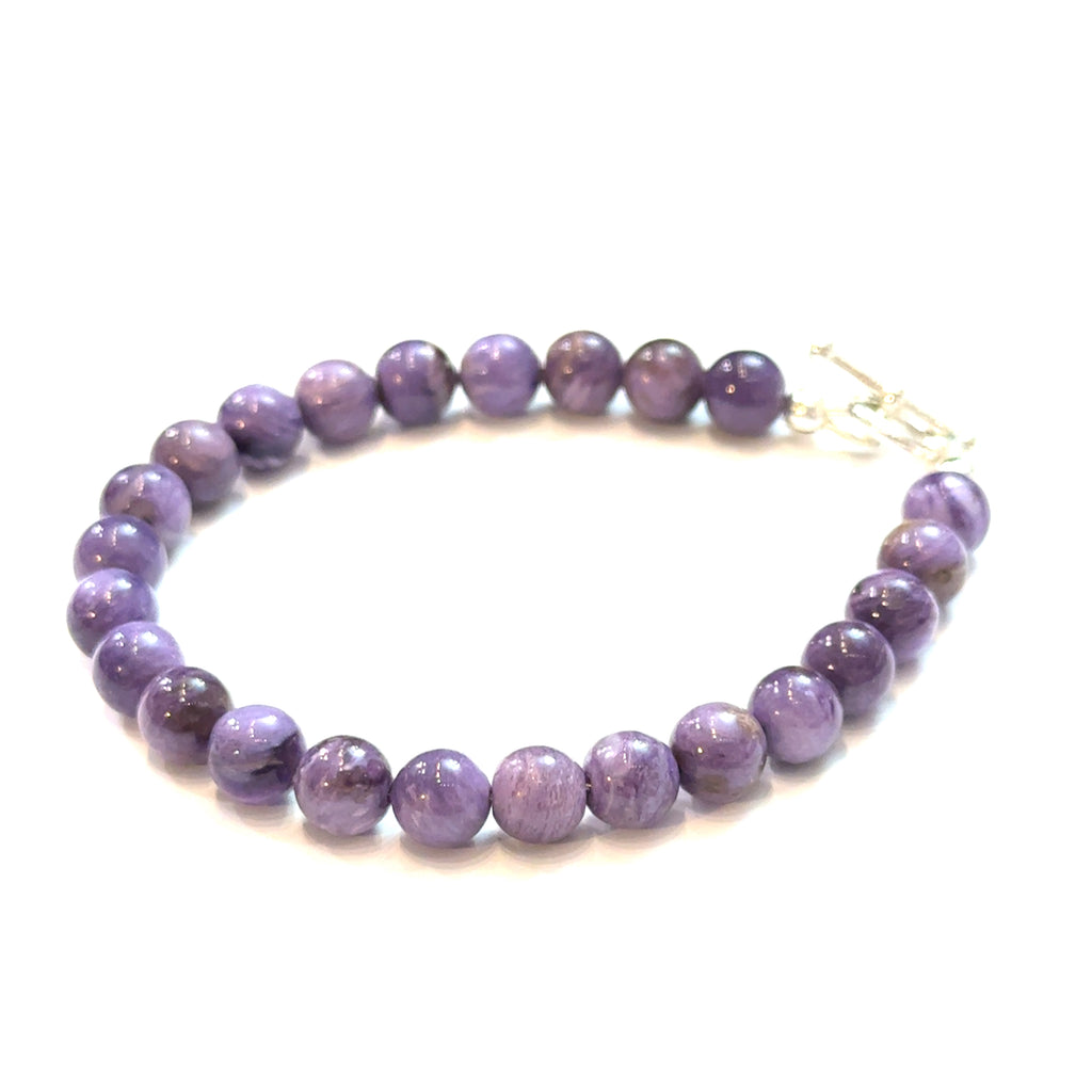 Charoite Gemstone bracelet – 6.5'' on white close-up, diagonal view 