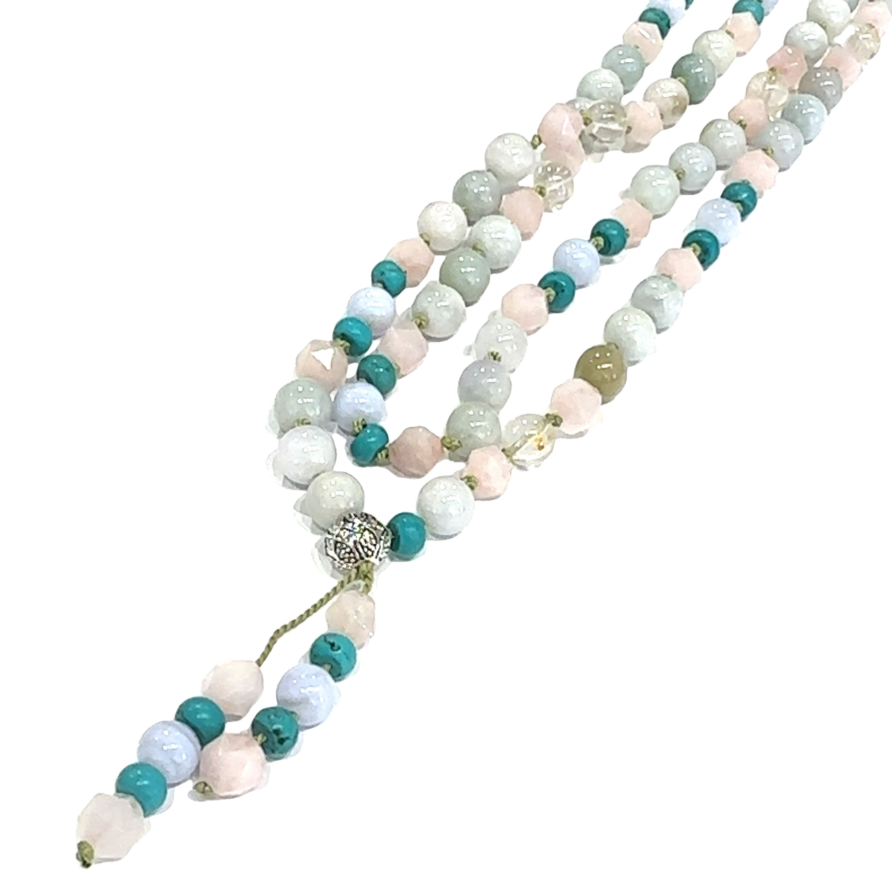 Chic Bohemian Long Gemstone Mala Tassel Necklace  on white long angle center overview