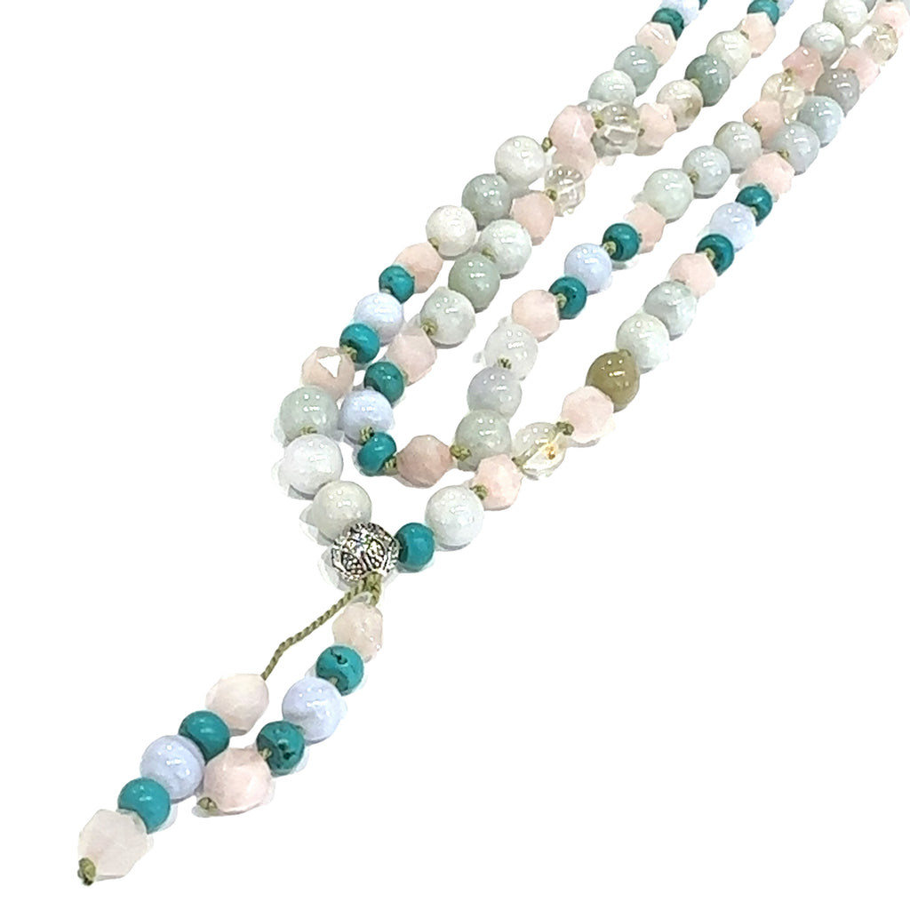 Chic Bohemian Long Gemstone Mala Tassel Necklace  on white long angle center overview