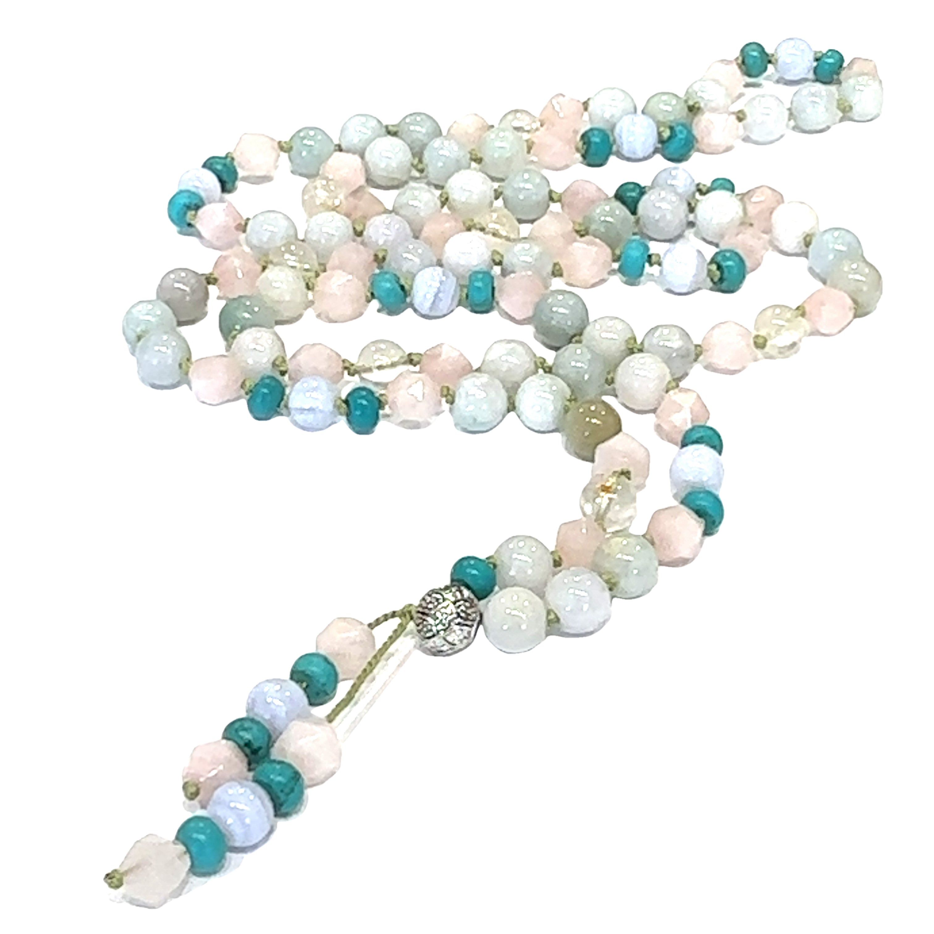 Chic Bohemian Long Gemstone Mala Tassel Necklace  on white long center overview