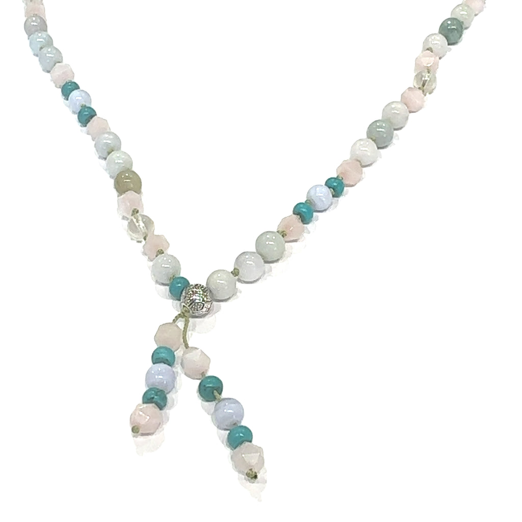 Chic Bohemian Long Gemstone Mala Tassel Necklace  on white long flat hanging overview
