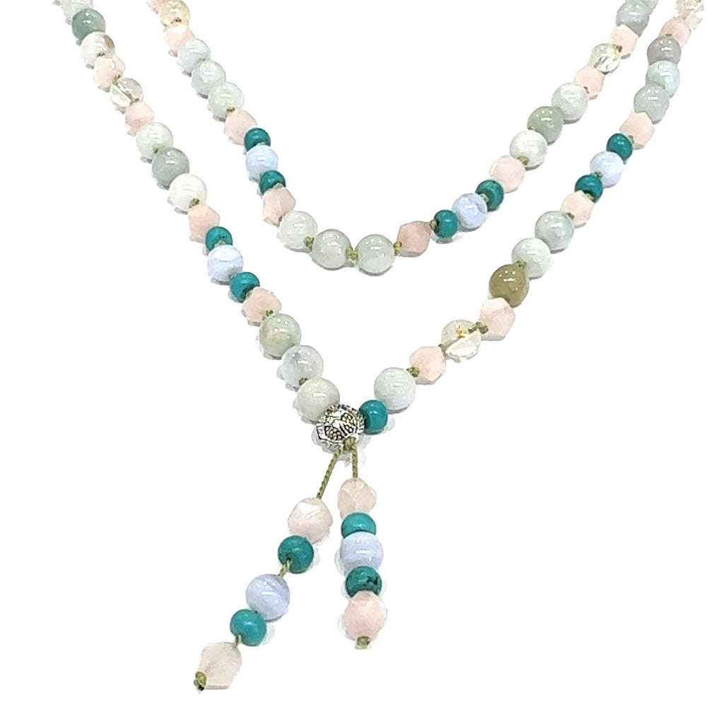 Chic Bohemian Long Gemstone Mala Tassel Necklace  on white long hanging overview
