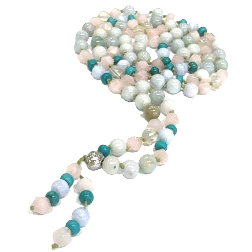 Chic Bohemian Long Gemstone Mala Tassel Necklace  on white spiral center overview