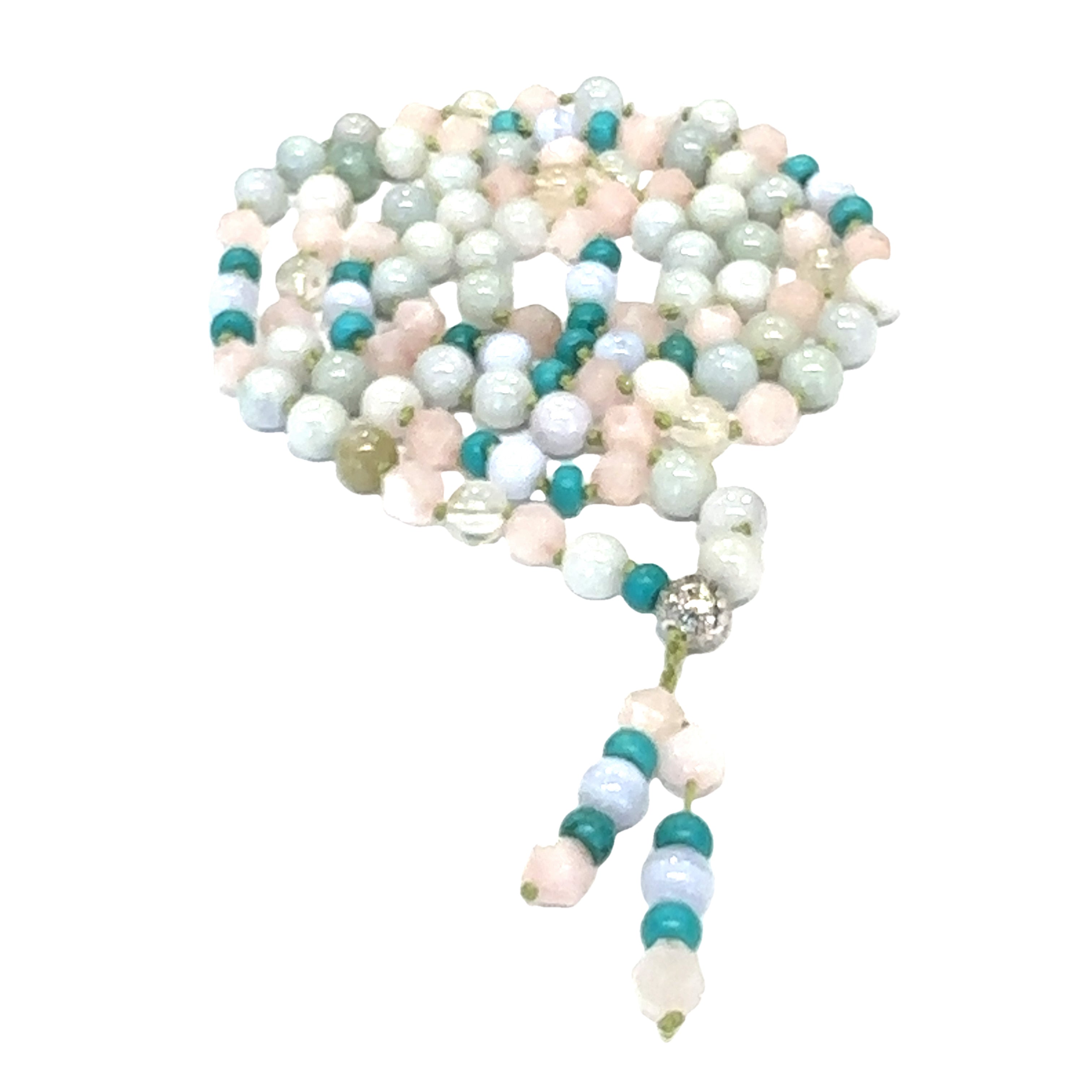 Chic Bohemian Long Gemstone Mala Tassel Necklace  on white spiral  center view