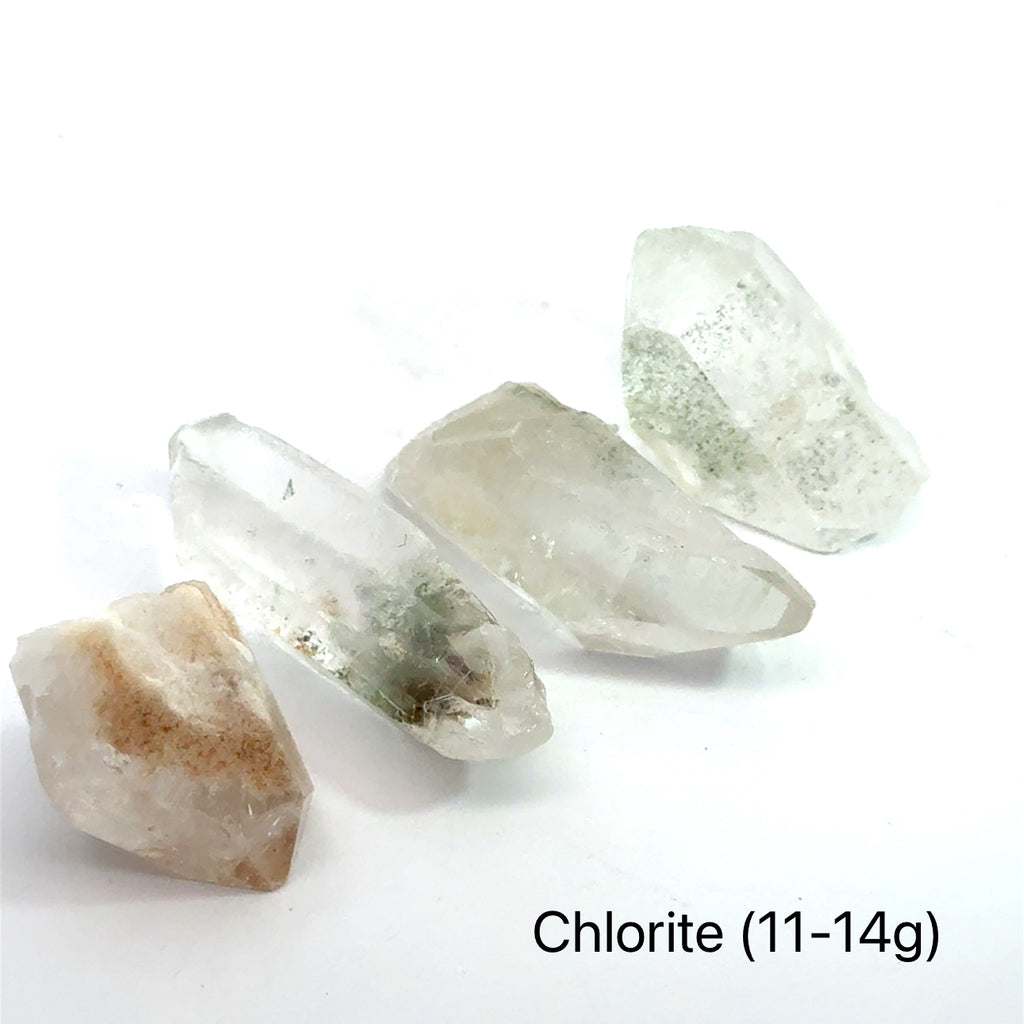 Chlorite Quartz Gemstone Point grouping 11-14g on white front view