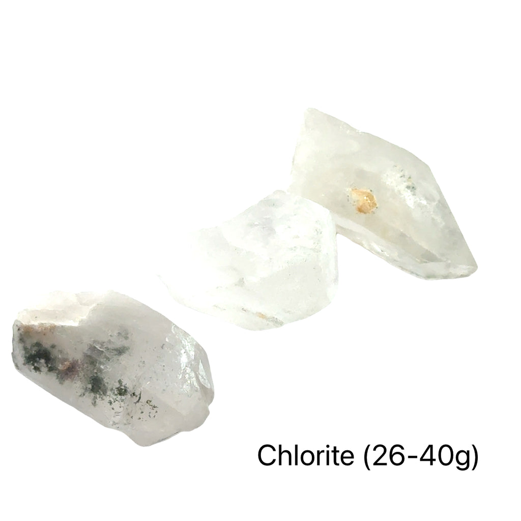 Chlorite Quartz Gemstone Point grouping 26-40g on white front view