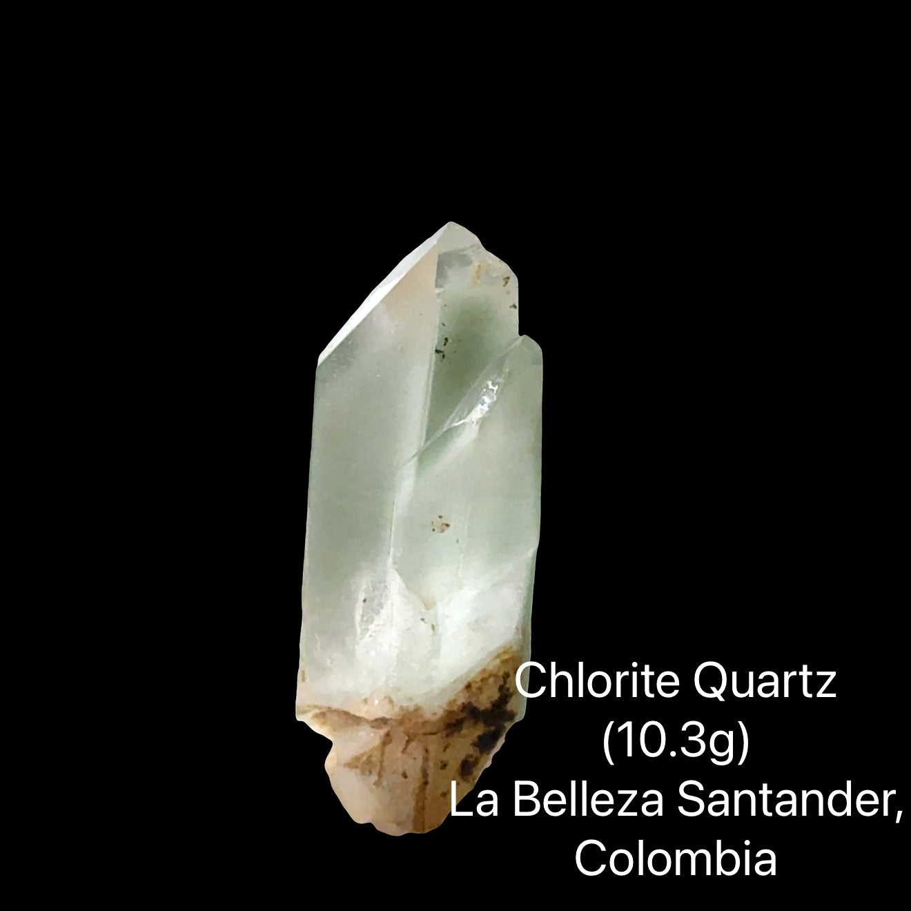 Chlorite Quartz crystal with weight (10.3g) and origin information on a black background, front view.