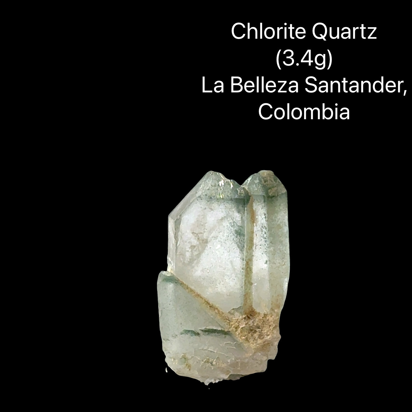 Chlorite Quartz crystal with weight (3.4g) and origin information on a black background, front view.