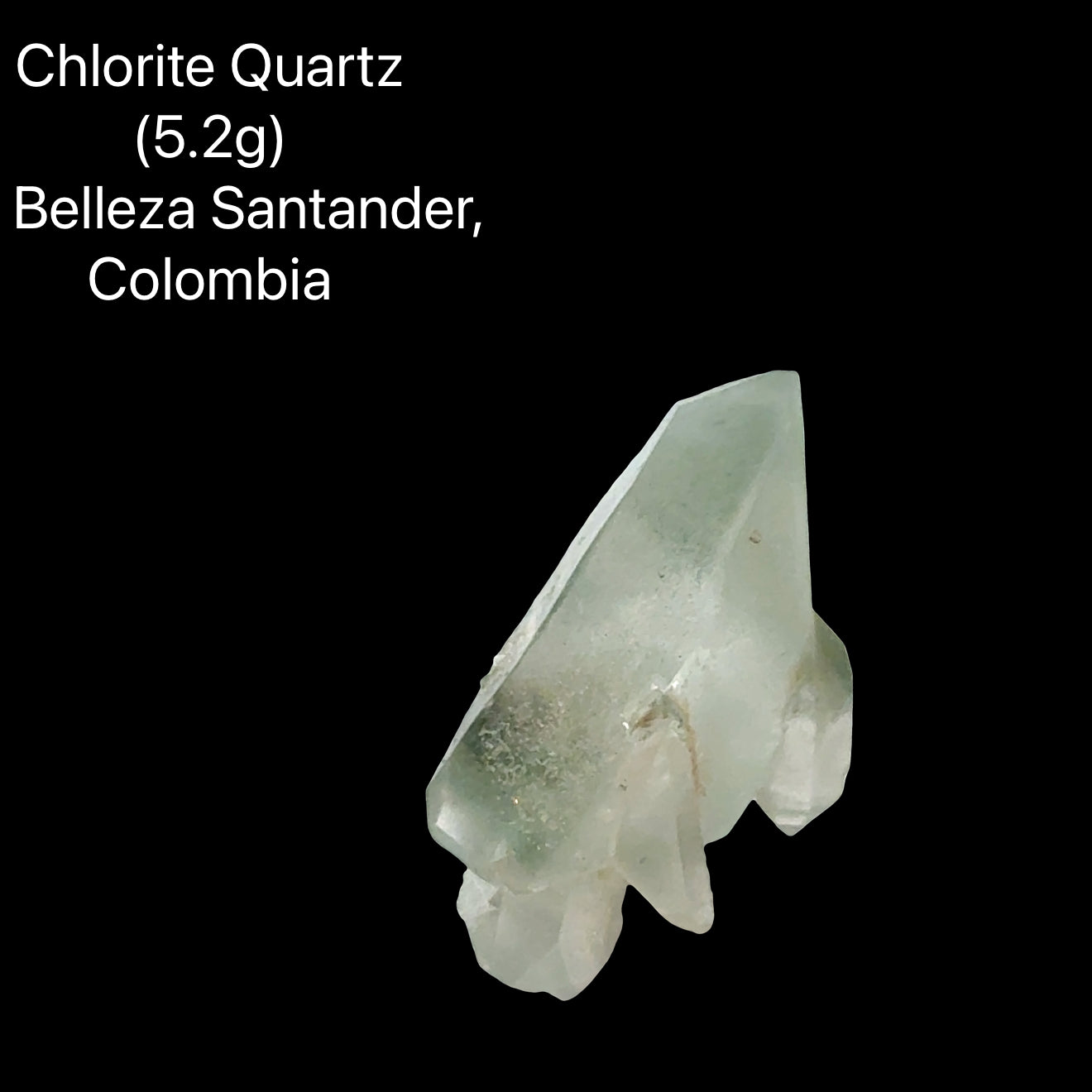 Chlorite Quartz crystal with weight (5.2g) and origin information on a black background, front view.