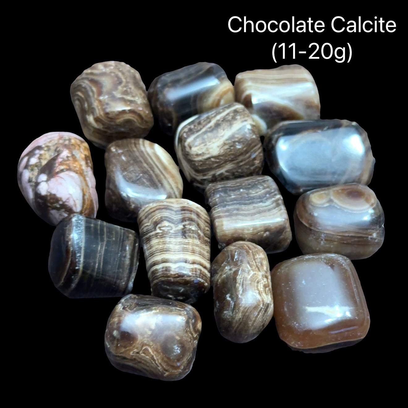  Chocolate Calcite on a black background, with text indicating the weight range (11-20g), in a front view. 