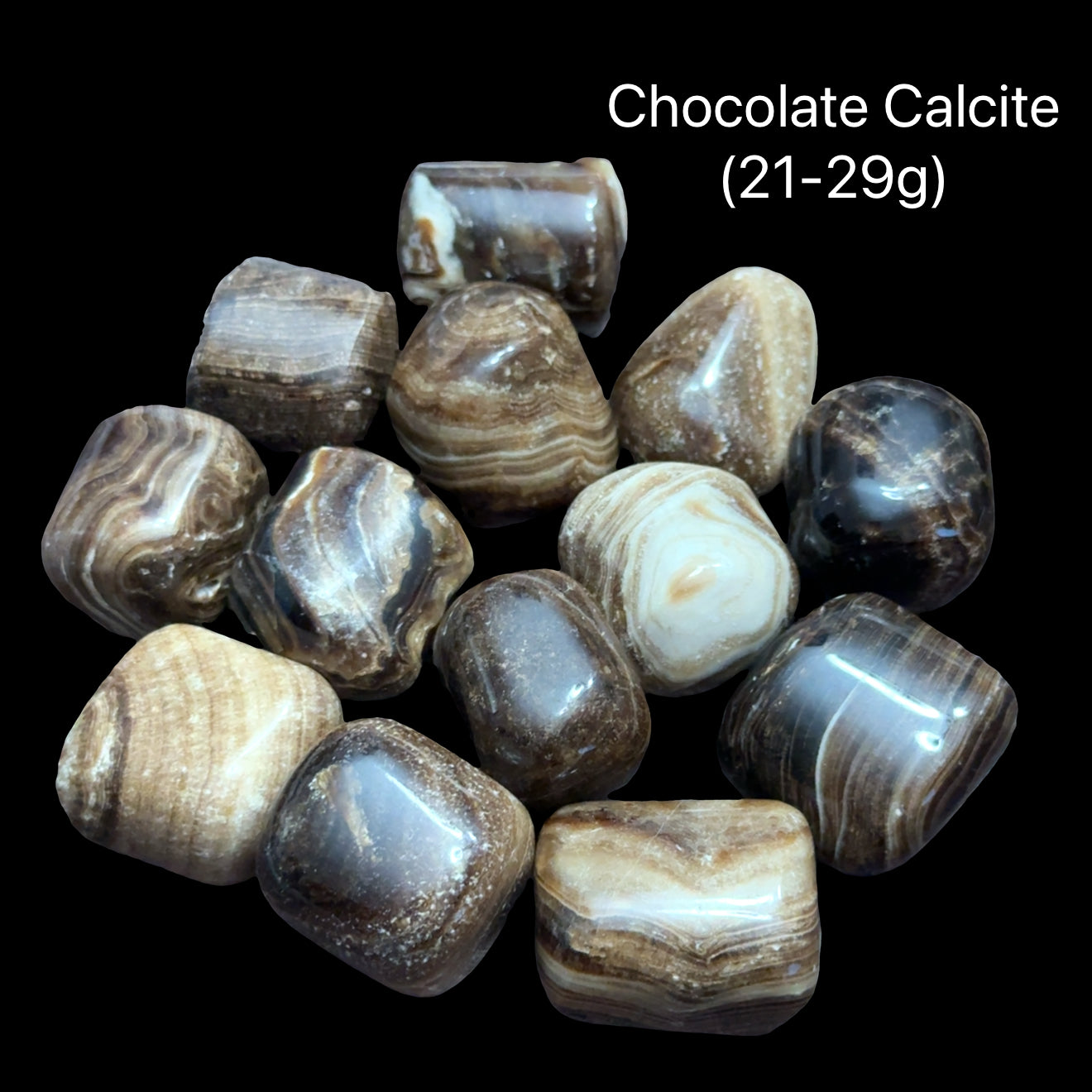  Chocolate Calcite on a black background, with text indicating the weight range (21-29g), in a front view. 