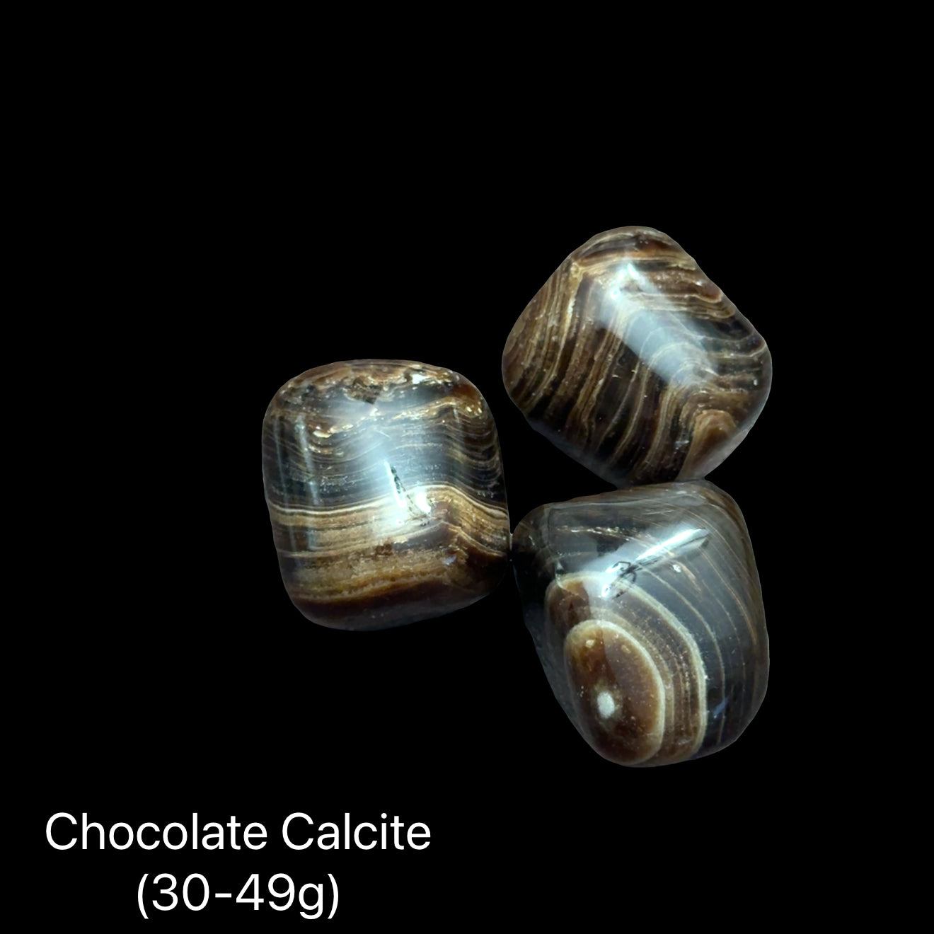  Chocolate Calcite on a black background, with text indicating the weight range (30-49g), in a front view. 