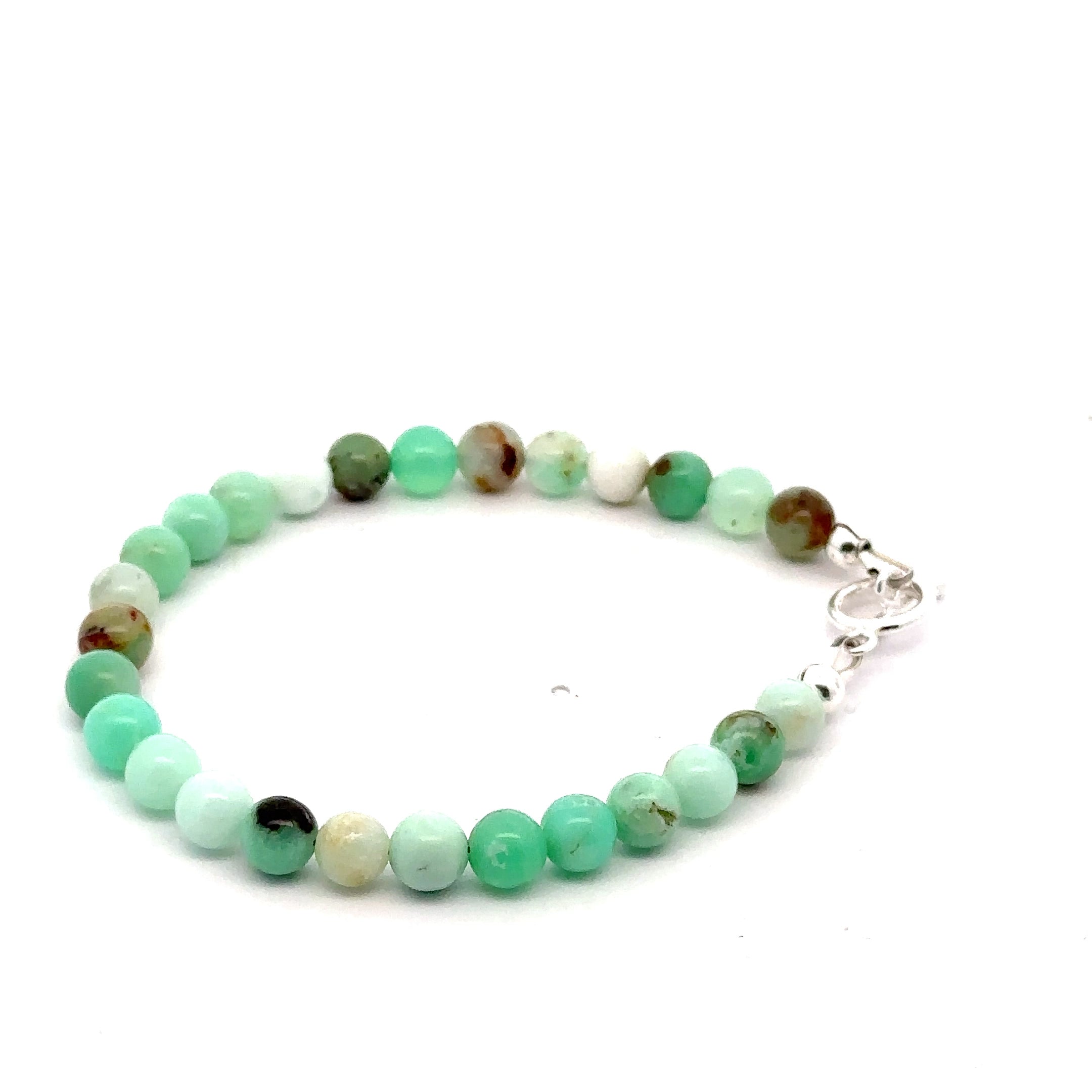 Chrysoprase Gemstone Bracelet grouping on white close up left angle overview