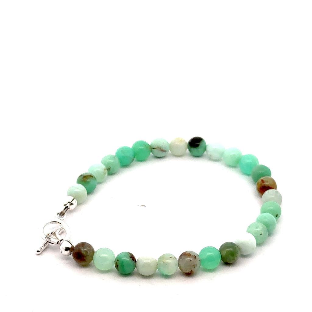 Chrysoprase Gemstone Bracelet grouping on white close up right angle overview