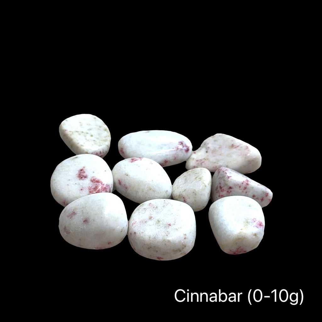 Cinnabar stones with red spots on a black background, with a weight of (0-10g), front view.