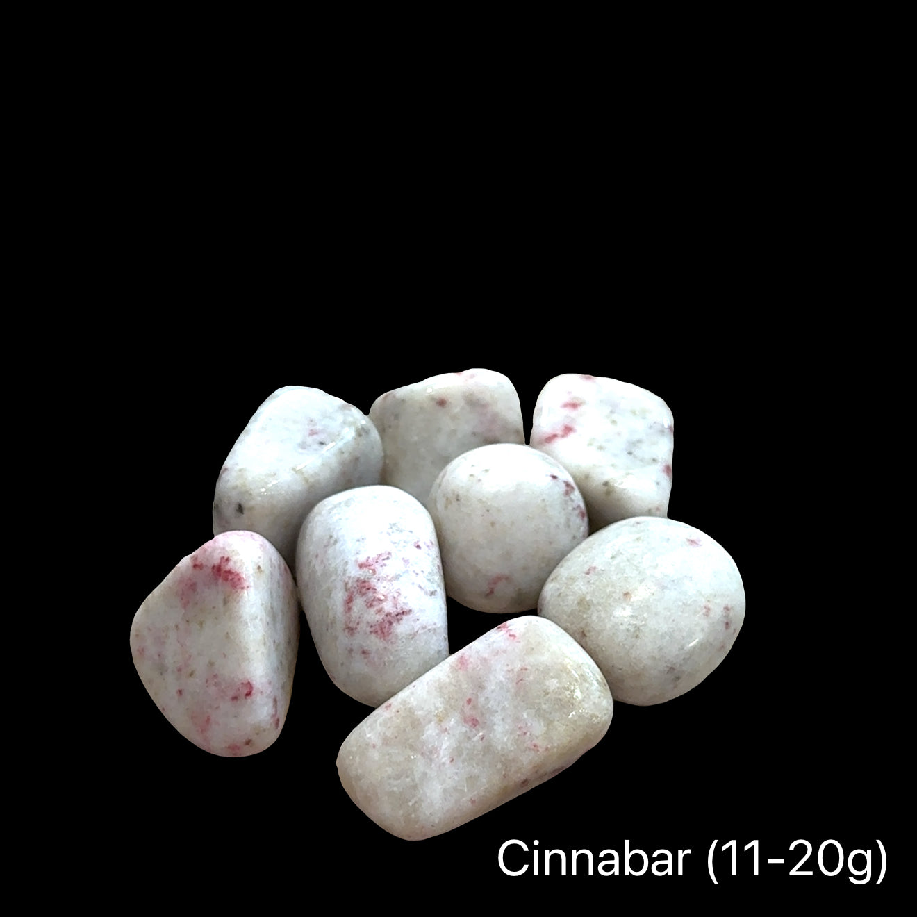 Cinnabar stones with red spots on a black background, with a weight of (11-20g), front view.