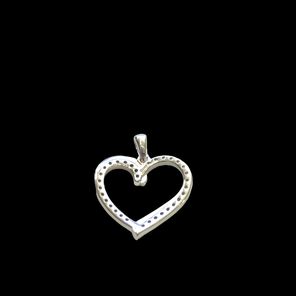 Classic sterling silver heart pendant with pavé cubic zirconia stones, 925 stamp, romantic love jewelry, 1 inch elongated heart, on a black background, back view. 