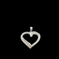 Classic sterling silver heart pendant with pavé cubic zirconia stones, 925 stamp, romantic love jewelry, 1 inch elongated heart, on a black background, front view. 