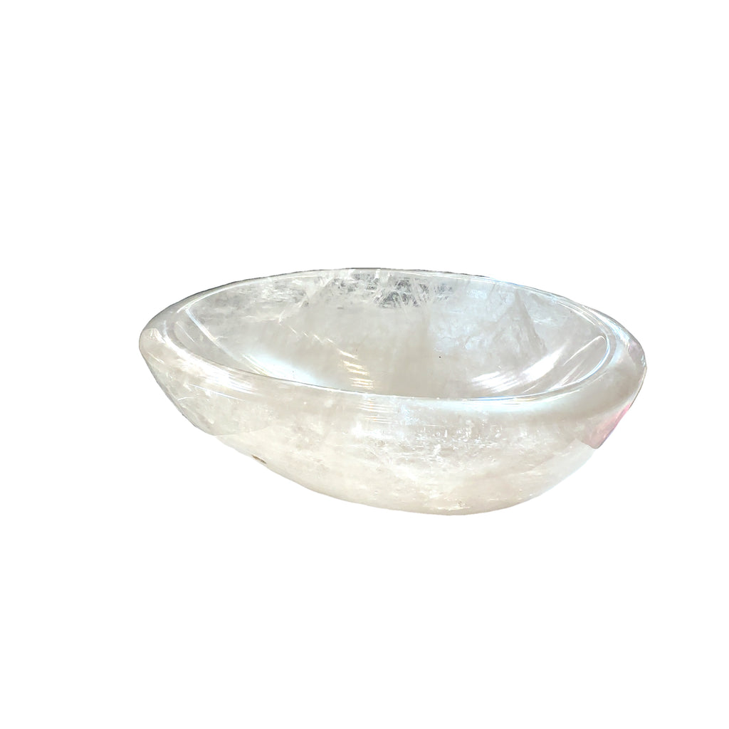 Clear Quartz Gemstone Bowl on white angle overview