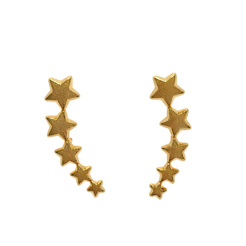 Close-up 18K gold-filled star ear climber studs showing delicate star details, on a white background, front overview. 