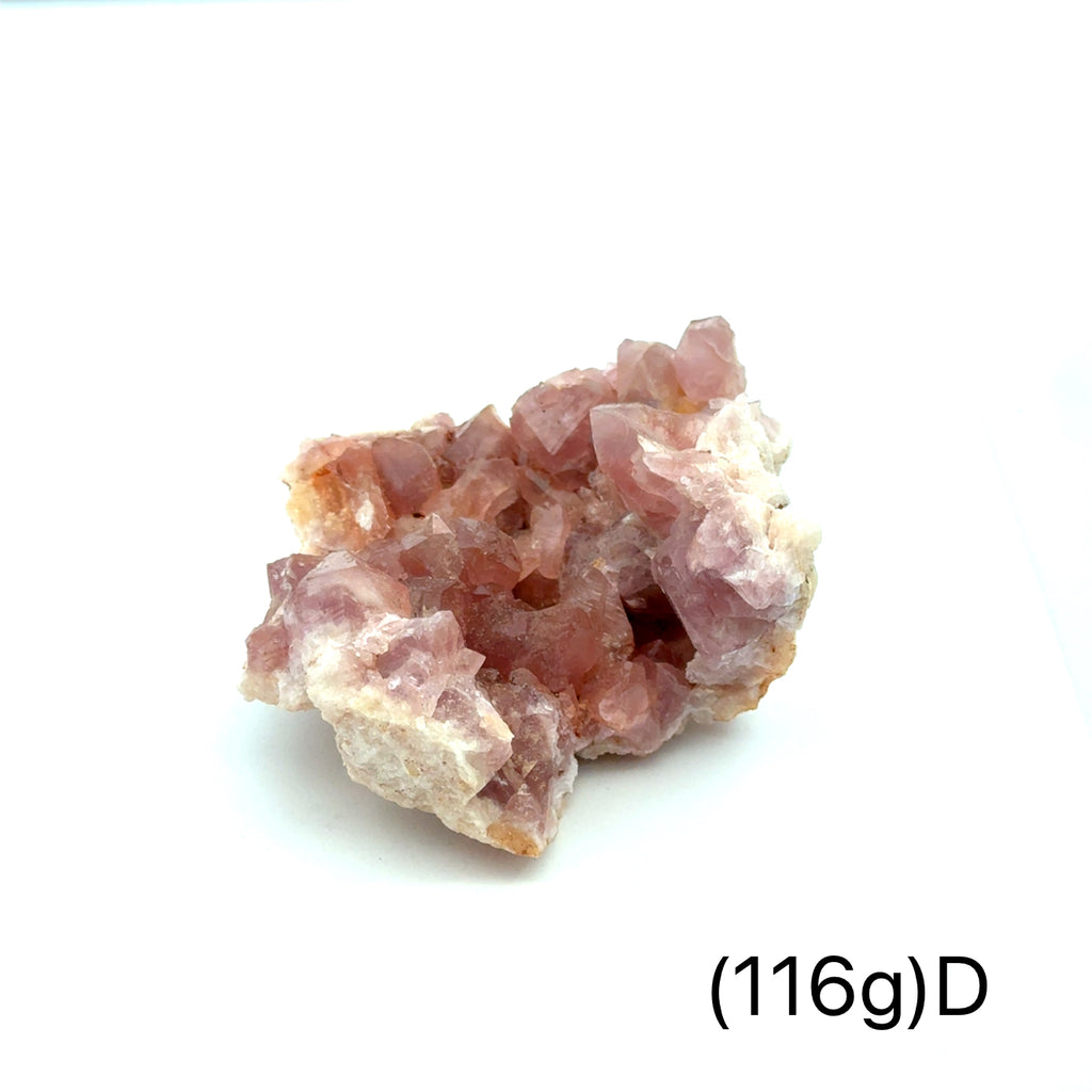 Close-up of AAA-grade Pink Amethyst cluster displaying translucent quartz and texture on white #D (116g) overview