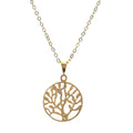 Close-up of Tree of Life pendant showing detailed branch work and circular design, on a white background hanging from a 18'' gold filled chain, front view. 