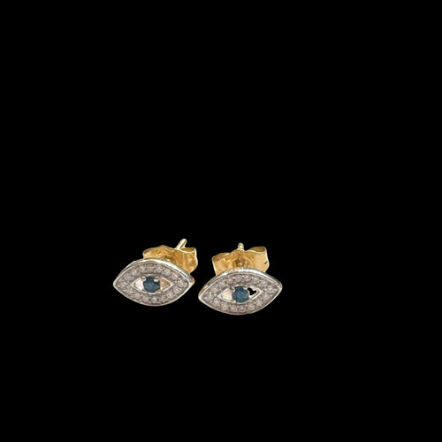 Close-up of gold evil eye studs with diamond accents, secure post backs, ancient talisman earrings, luxury protection jewelry, on a black background, front view.