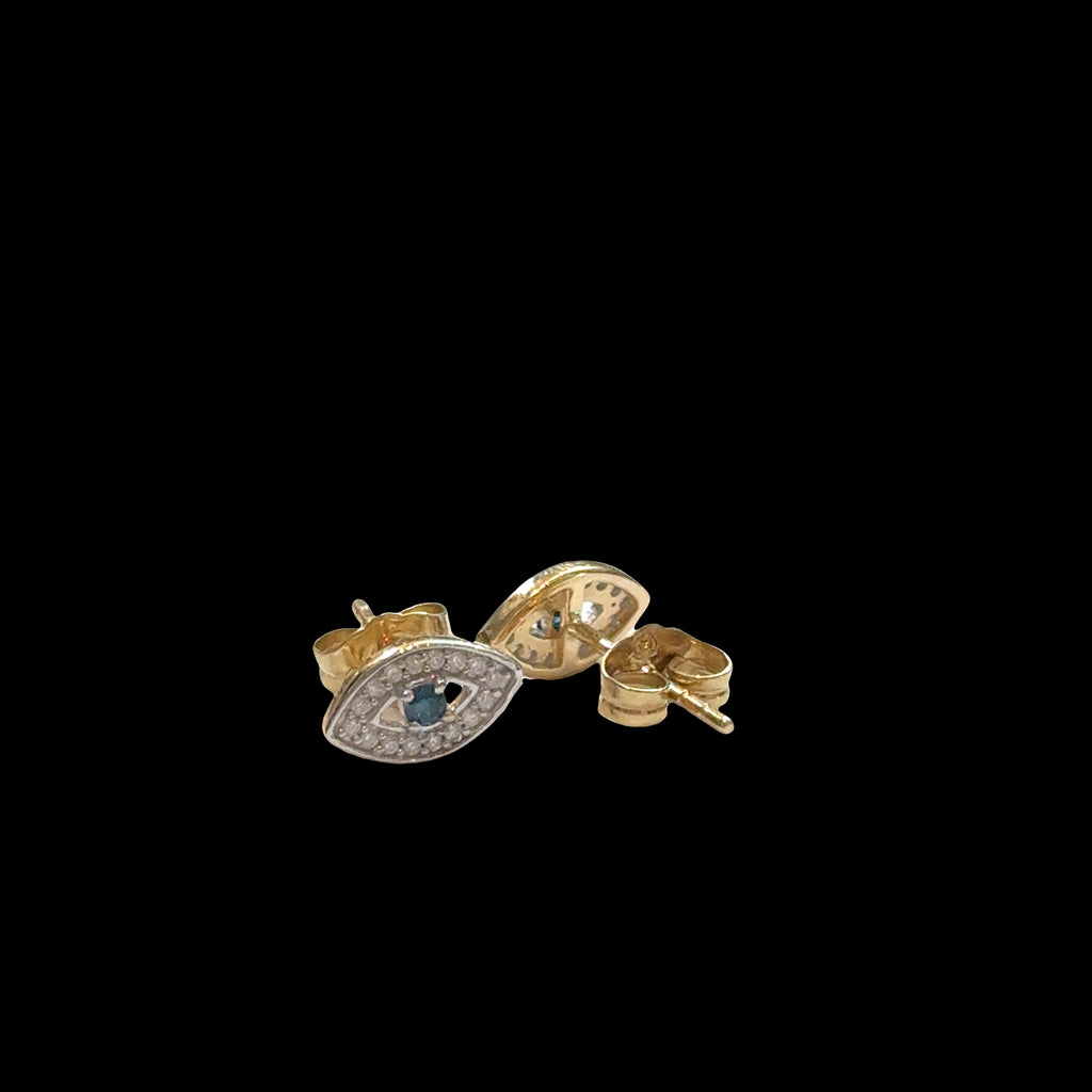 Close-up of gold evil eye studs with diamond accents, secure post backs, ancient talisman earrings, luxury protection jewelry, on a black background, one front and one back view.