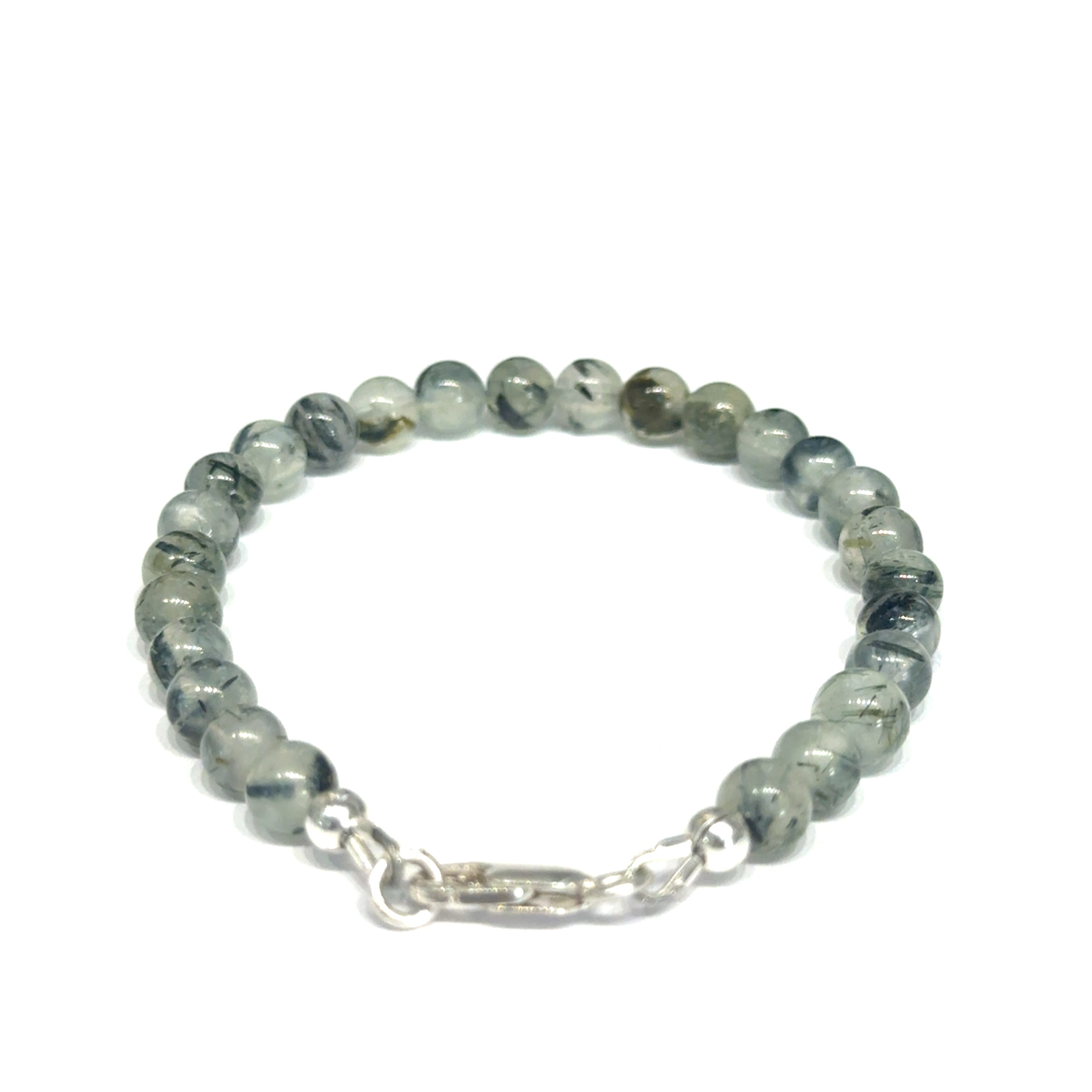Close-up of natural prehnite beads displaying a soft green color and a smooth, polished finish, size 6.5, on a white background, back overview. 