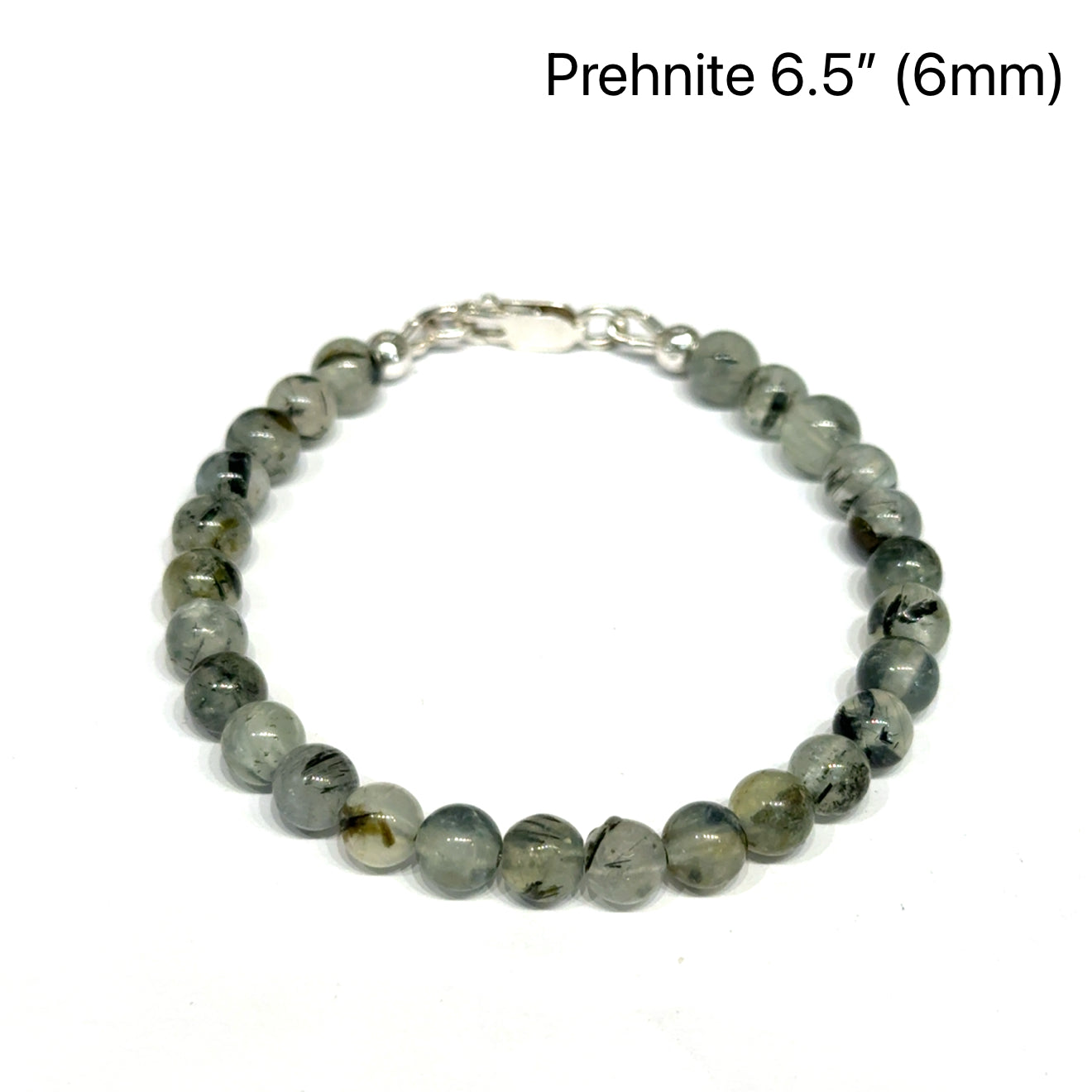 Close-up of natural prehnite beads displaying a soft green color and a smooth, polished finish, size 6.5, on a white background, front overview. 
