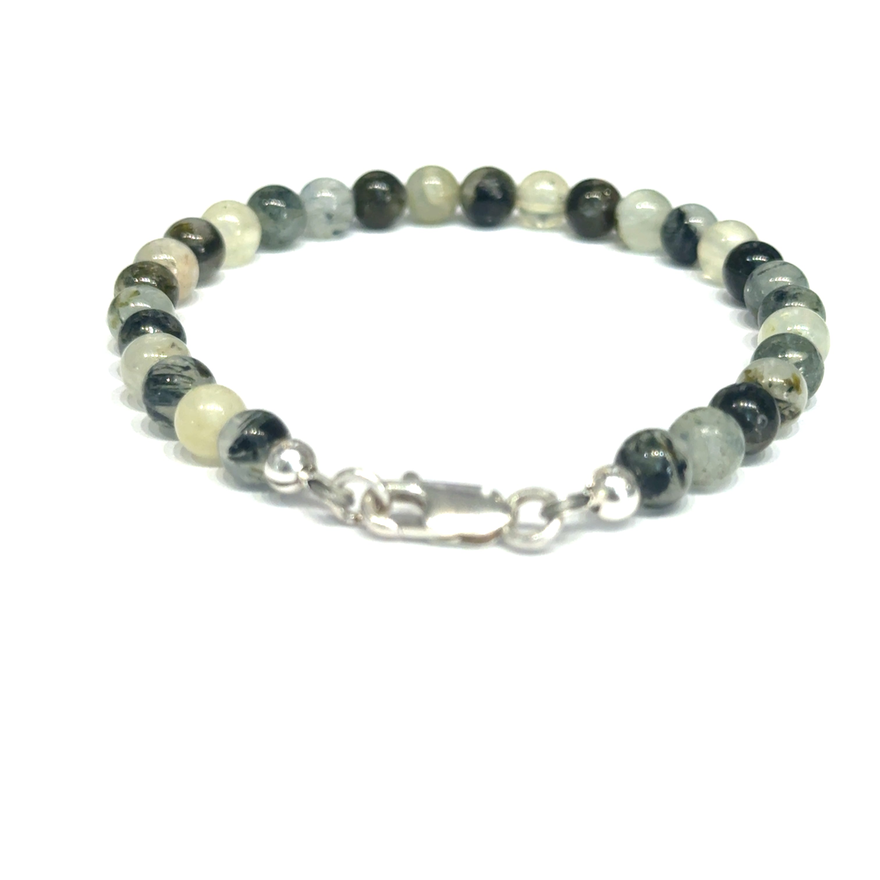 Close-up of natural prehnite beads displaying a soft green color and a smooth, polished finish, size 7, on a white background, back overview. 
