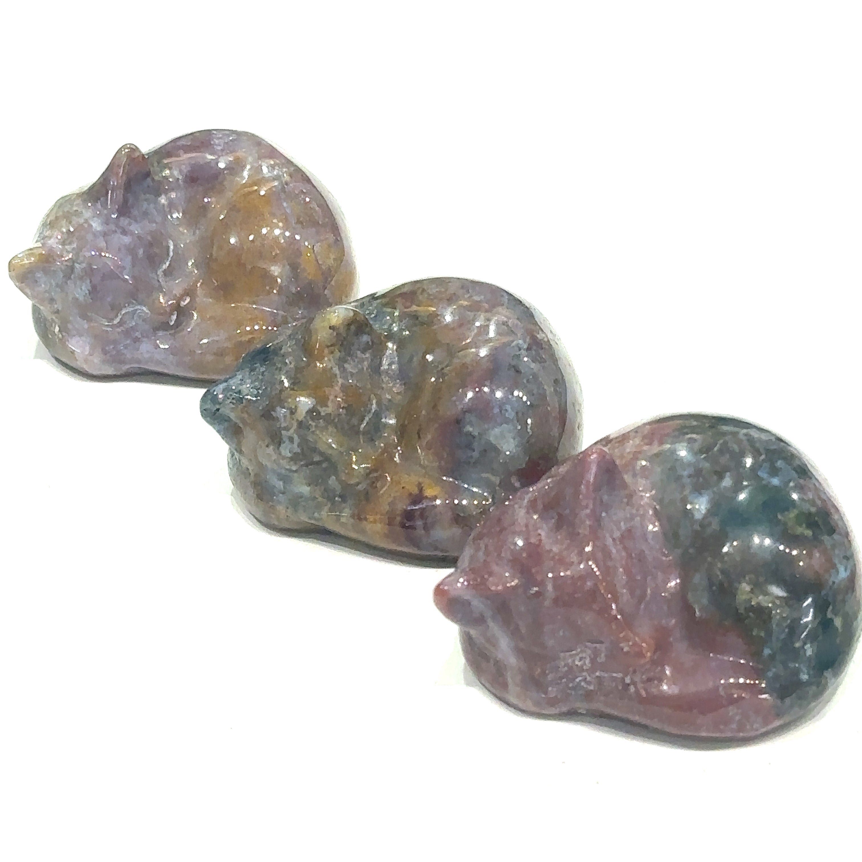 Close-up of polished gemstone cat grouping of XL Ocean Jasper showing crystal texture and color variation. On white background front overview.