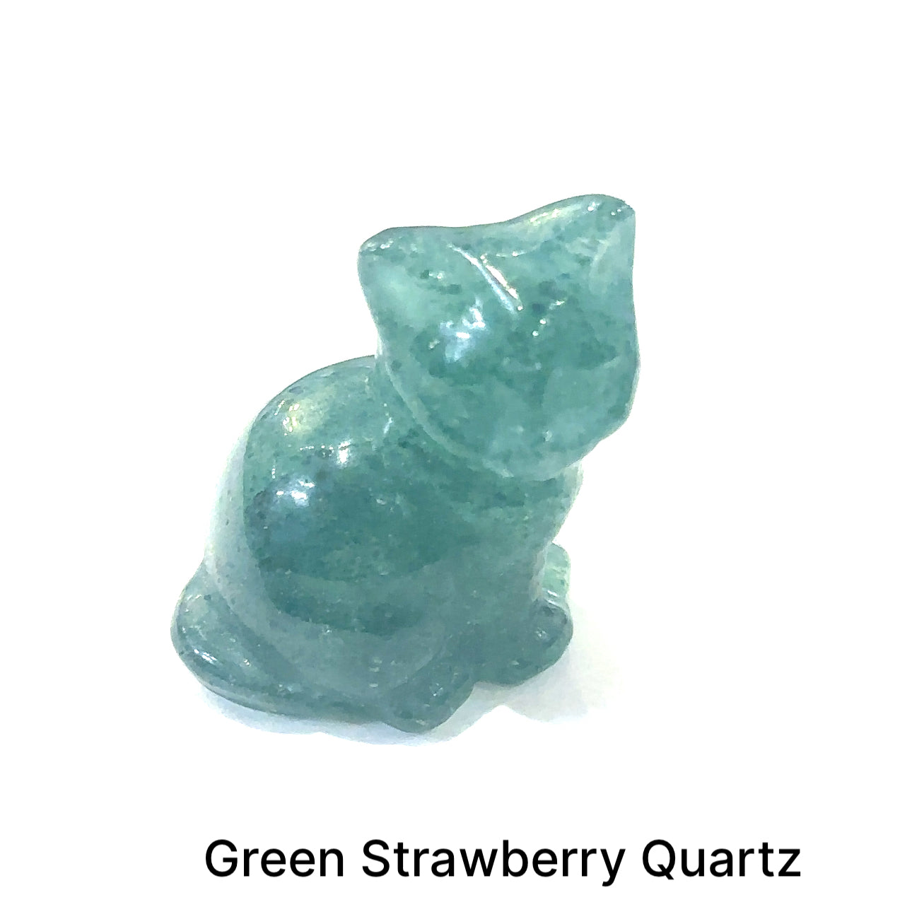 Close-up of polished gemstone cat of Green Strawberry Quartz showing crystal texture and color variation. On white background front overview