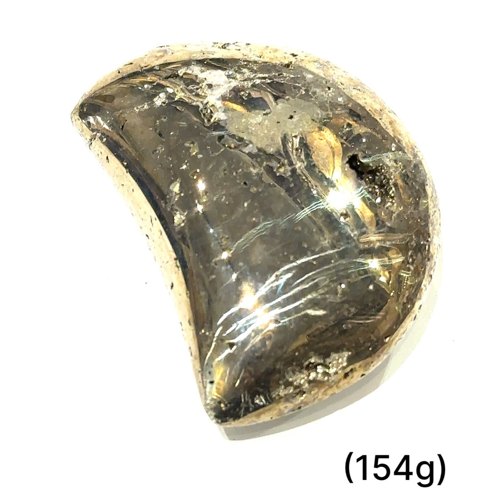 Close-up of polished moon-shaped  XXL Pyrite gemstones  on a white background front overview