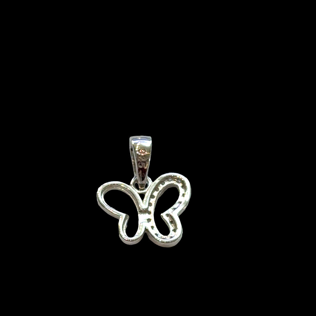 Close-up of sparkly butterfly pendant 925 silver with CZ stones, rebirth symbol jewelry, lightweight layering pendant, on black background, back view.