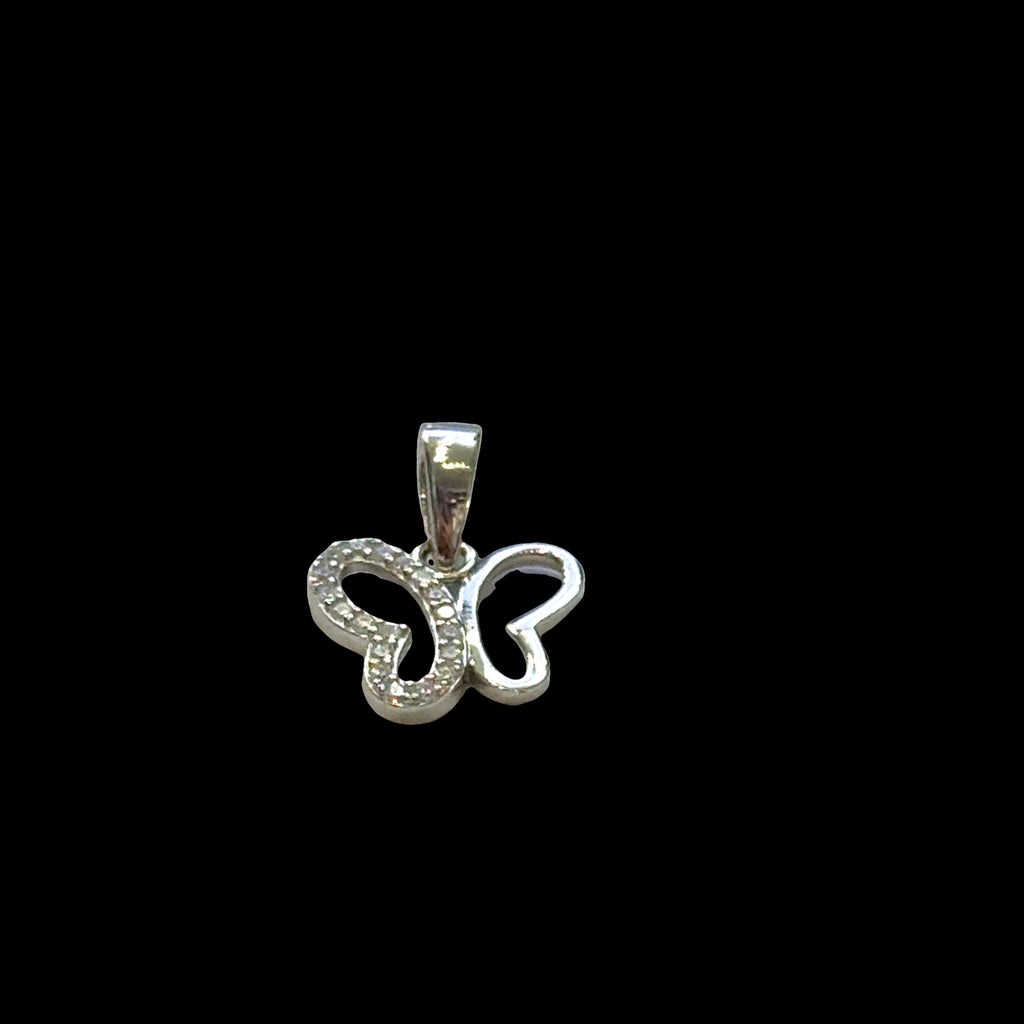 Close-up of sparkly butterfly pendant 925 silver with CZ stones, rebirth symbol jewelry, lightweight layering pendant, on black background, front view.