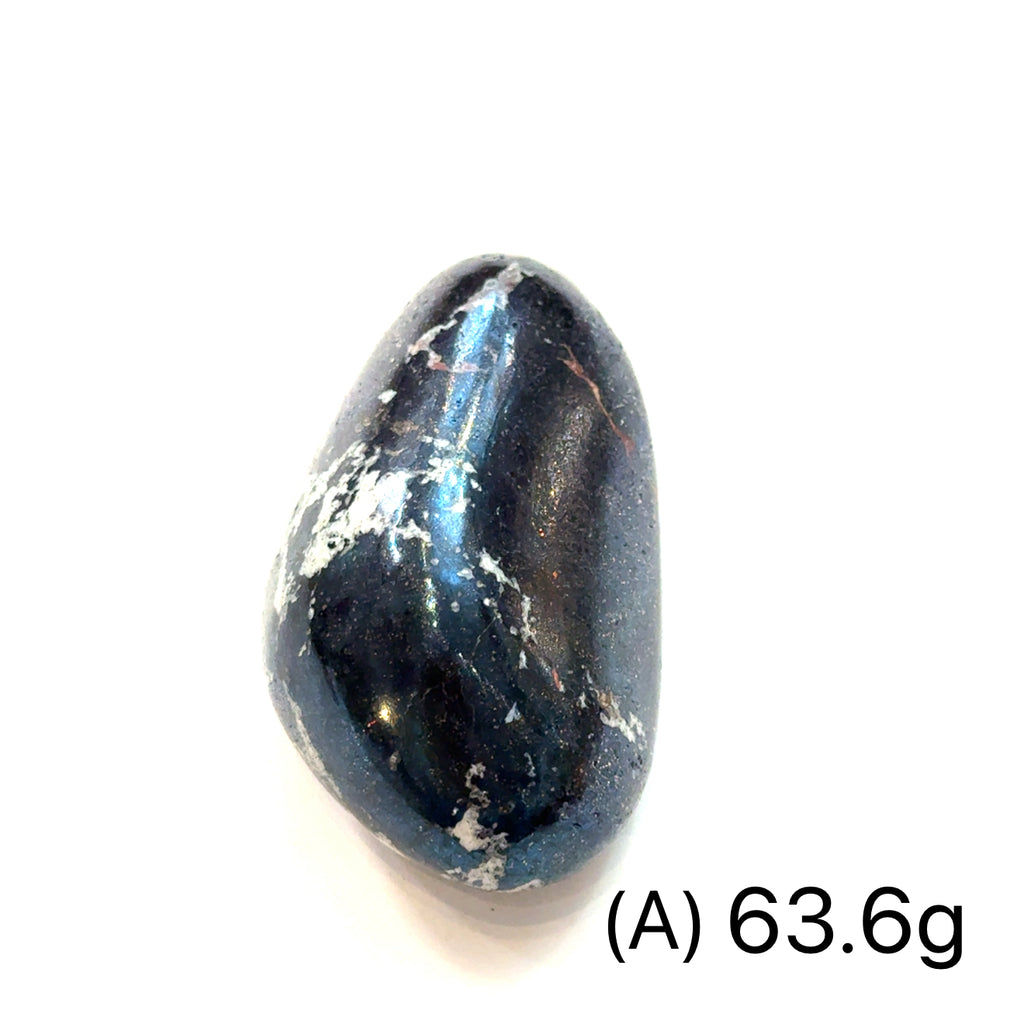Covellite Gemstone Palm Stone on white A 63.6g front view