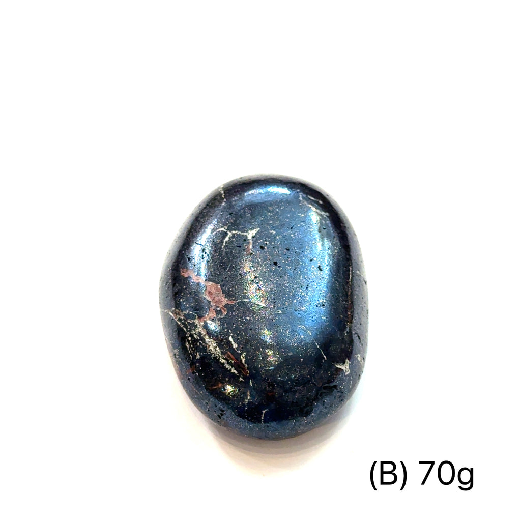 Covellite Gemstone Palm Stone on white B  70g front view