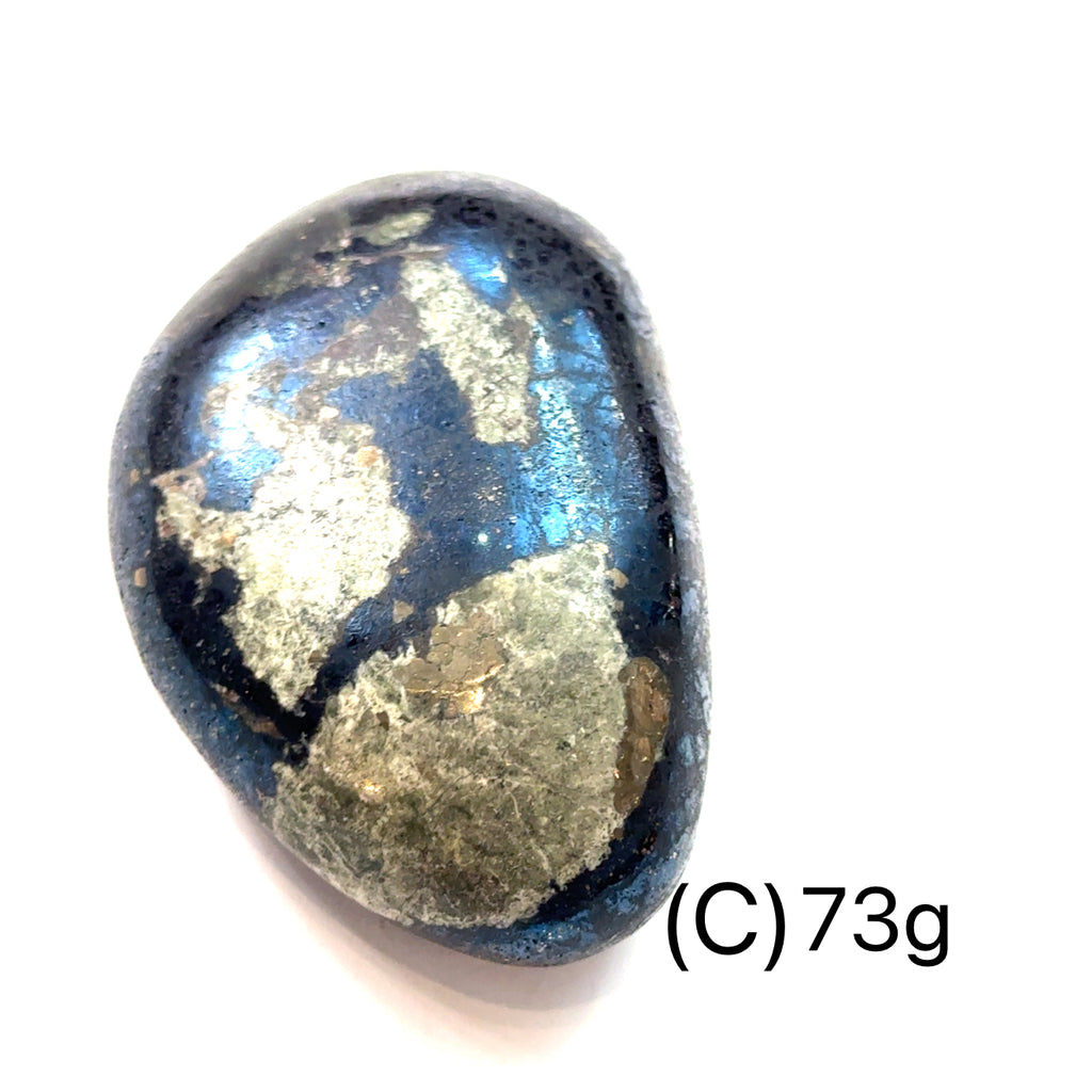 Covellite Gemstone Palm Stone on white C  73g front view