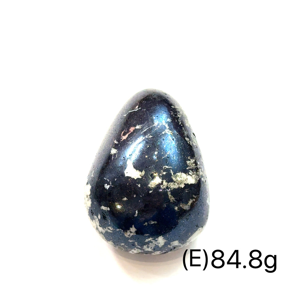 Covellite Gemstone Palm Stone on white E  84.8g front view
