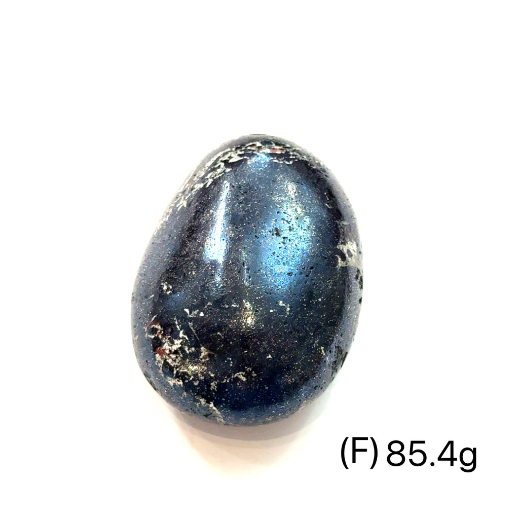 Covellite Gemstone Palm Stone on white F  85.4g front view