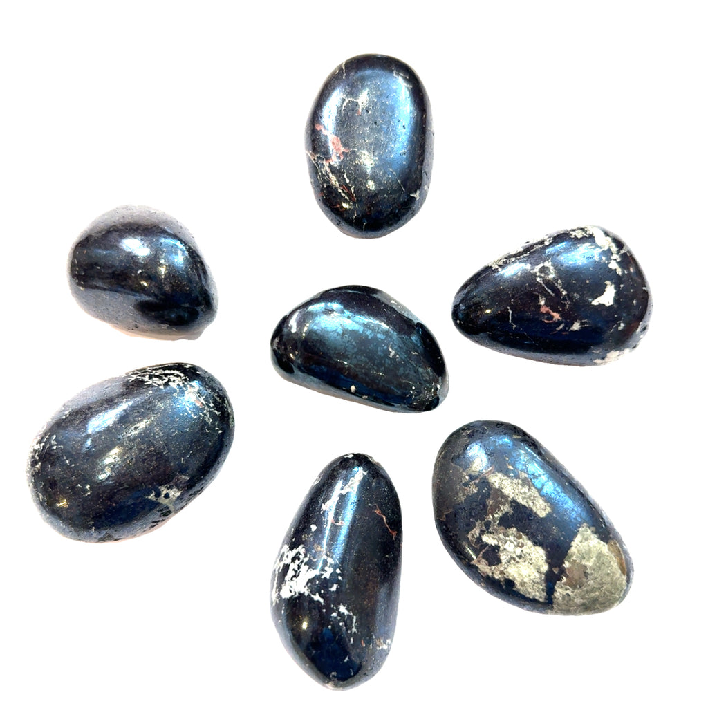 Covellite Gemstone Palm Stone on white grouping overview 