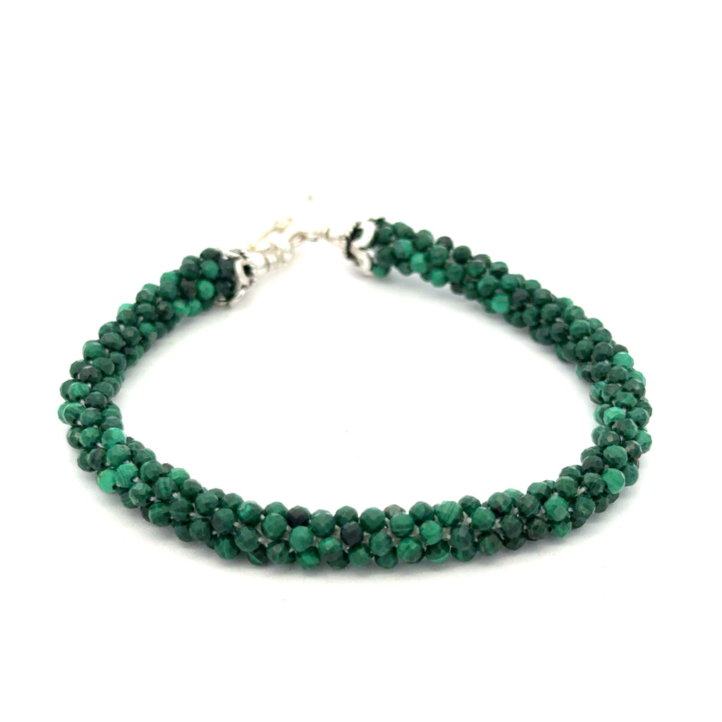 Crocheted Gemstone Malachite Bracelet on white above view